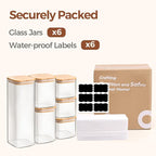 ComSaf Food Storage Containers with Airtight Lids Set of 6, Clear Glass Canister Food Jar with Sealing Lid Kitchen Pantry Storage Container for Spaghetti Pasta Sugar Flour Oat Cereal Beans, Square