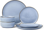 Herogo 6-Piece Stoneware Dinnerware Sets for 2, Stackable Dinner Plates and Bowls Sets, Double Reactive Glaze Dishware Place Setting for Kitchen, Scratch Resistant, Microwave Safe, Haze Blue
