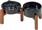 Havniva Ceramic 0.9 Cup Raised Slow Feeder Dog Food and Water Bowl Set, Elevated 6.1inch Bowl and 6.1inch Dish with Acacia Wood Stand for Small Dogs (2 x Starry Sky+ Stand)