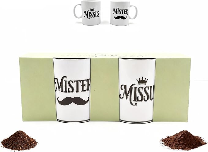 Couples Mug Set“Mister & Missus” Ceramic Coffee Mugs Set of 2, His & Hers Gift Set with Hot Coco Mix & English Breakfast Tea Gift Boxed for Anniversary, Wedding or Valentine’s Day Present