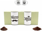 Couples Mug Set“Mister & Missus” Ceramic Coffee Mugs Set of 2, His & Hers Gift Set with Hot Coco Mix & English Breakfast Tea Gift Boxed for Anniversary, Wedding or Valentine’s Day Present