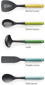 Joseph Joseph Duo 5-Piece Utensil Set with Integrated Tool Rests: Vibrant Set with Solid & Slotted Spoons, Turners, and Ladle, Hygienic Design, Heat-Resistant, Perfect for Hanging Storage