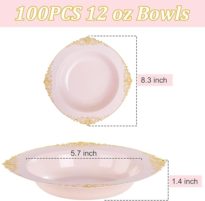 100PCS Pink Plastic Bowls - 12 oz Pink Gold Disposable Salad Bowls - Heavy Duty Soup Bowl - Fancy Plastic Ice Cream Bowl for Weddings Parties Dinners Picnics Mother‘s Day