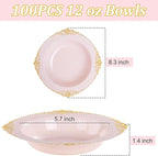 100PCS Pink Plastic Bowls - 12 oz Pink Gold Disposable Salad Bowls - Heavy Duty Soup Bowl - Fancy Plastic Ice Cream Bowl for Weddings Parties Dinners Picnics Mother‘s Day