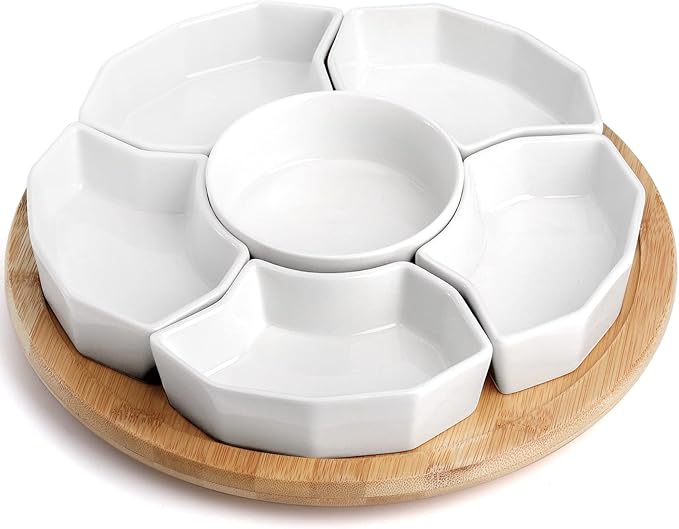 SOUJOY 11'' Lazy Susan Serving Tray, Porcelain 360° Rotatable Serving Tray and Platters, Removable Divided Serving Dishes, Party Relish Bowl for Chip, Dip, Veggies, Candy and Snack, Cheese, 7 Pieces