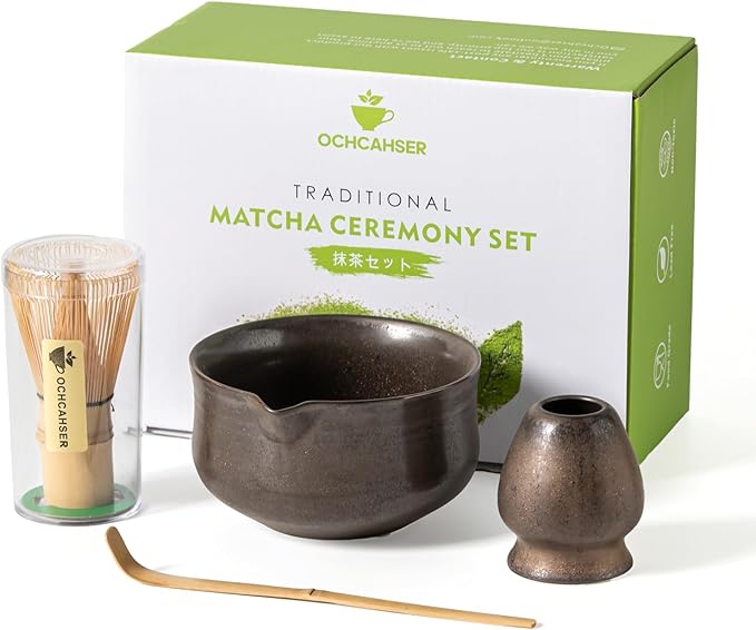 Matcha Set, Japanese Tea Set Includes Matcha Bowl with Spout, Matcha Whisk Holder (chasen), Bamboo Matcha Whisk and Bamboo Scoop, Ceramic Matcha Kit for Tea Lovers