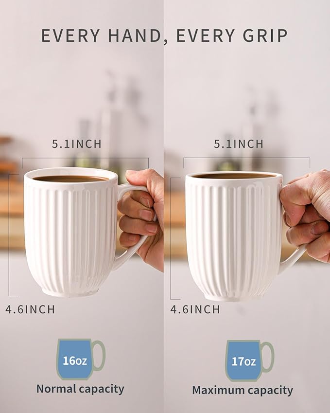 HASENSE Textured Coffee Mugs Set of 4, 16 Oz Ribbed Ceramic Cups with Large Handle for Latte Tea Cappuccino, Stackable Embossed Mug Set for Mom Dad, Microwave Dishwasher Safe, Creamy White
