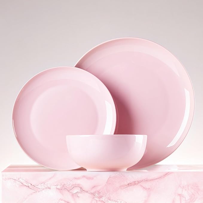 KINGSTONE 24-Piece Bone China Dinnerware Set for 8, Lightweight Porcelain Round Plates and Bowls Set, Durable Scratch Resistant Ceramic Dinner Set, Microwave & Dishwasher Safe, Sakura Pink