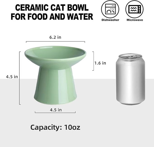 6.2 Inch Extra Wide Elevated Ceramic Cat Bowls, Food and Water Bowl Set for Elder Big Cats Small Dogs, Raised Design for Pet Easy Eating, Protect Cat's Spine Set of 2(Light Green)