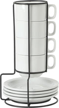 Gibson Home Gracious Dining 7-Ounce Cappuccino Cups Set of 4, Stackable Coffee Cups with 4 Saucers, Metal Stand, Coffee Mugs for Latte, Café, Mocha, Tea