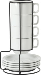 Gibson Home Gracious Dining 7-Ounce Cappuccino Cups Set of 4, Stackable Coffee Cups with 4 Saucers, Metal Stand, Coffee Mugs for Latte, Café, Mocha, Tea
