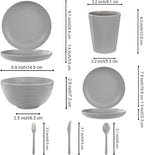LIYH 28 Pcs Kitchen Plates and Bowls Set, Wheat Straw Dinnerware Sets, Unbreakable Plates and Bowls Sets for 4, Reusable Plate Wheat Straw Dishes Set for Daily & Camping, Light Grey Kitchen Decor