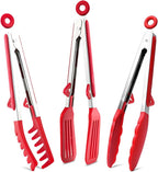 Kitchen Tongs, 9 Inch Tongs for Cooking with Silicone Tips, Food Grade Mini Serving Tong for Nonstick Pans, BBQ, Salad, Set of 3, Red