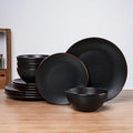 Famiware Venus Plates and Bowls Sets with Trim, 12 Pieces Stoneware Chip Resistant Dinnerware Dishes for 4, Matte Black - Microwave/Dishwasher Safe, Modern Minimalist, for Everyday Meals/Formal Dining
