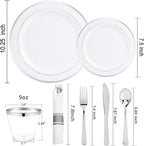 WELLIFE 700 Pcs Silver Plastic Plates for 100 Guests -Party Supplies Includes 200 Silver Plates,300 Plastic Silverware,100 Napkins,100 Cups for Party and Wedding
