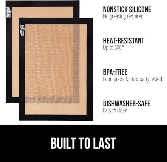 GORILLA GRIP Food Grade Reusable Nonstick Silicone Baking Mat 2PK, Oven Safe Cookie Sheet Liners, Up to 500 Degrees, No Mess Easy Clean Pastry Mats, Kitchen Essentials, 11.75x8.25 Quarter Sheet, Black
