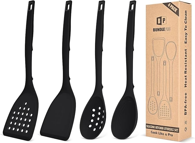 Pack of 4 Silicone Cooking Utensils Set, Non Stick Solid Spatulas and Heat Resistant Slotted Spoons with Back Hooks, Ideal BPA Free Kitchen Utensils Set for Frying,Serving,Turning,Stirring (BLACK)