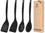 Pack of 4 Silicone Cooking Utensils Set, Non Stick Solid Spatulas and Heat Resistant Slotted Spoons with Back Hooks, Ideal BPA Free Kitchen Utensils Set for Frying,Serving,Turning,Stirring (BLACK)