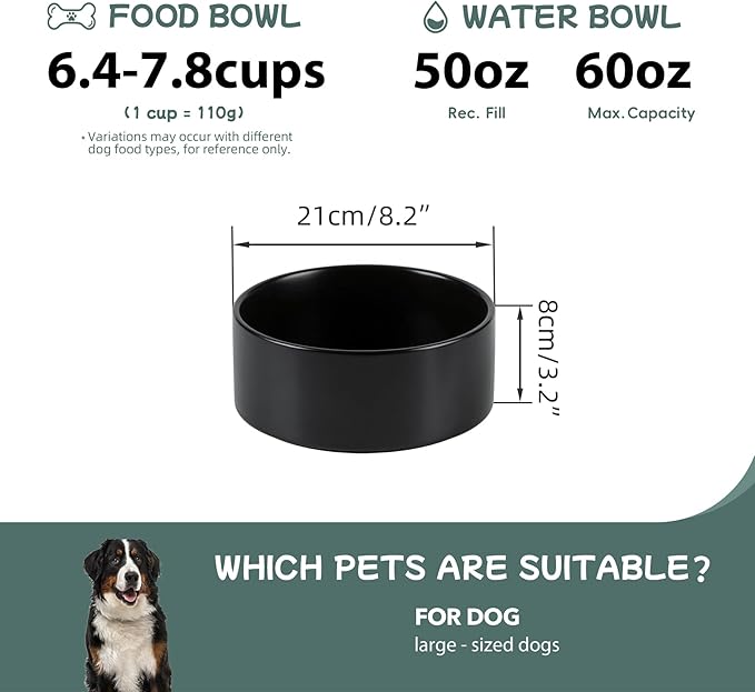 Havniva Non-Slip 8.2inch Ceramic Dog Food and Water Bowl for Large Breed Dogs, Pet Bowl for Replacement (Single Bowl, Black)