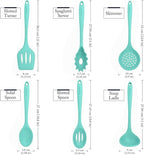 Culinary Couture Aqua Sky Silicone Cooking Utensils Set - Sturdy Steel Inner Core - Spatula, Mixing & Slotted Spoon, Ladle, Pasta Server, Drainer - Heat Resistant Kitchen Tools - Bonus Recipe Ebook