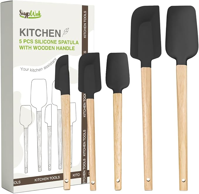 Silicone Spatula Set, Food Grade Rubber Spatula-4 Piece Nonstick Rubber Spatulas, Spoonula, Jar Scraper for Cooking, Baking, Mixing, Frosting - Heat Resistant Up to 600°F (5 Pcs Spatula Black)