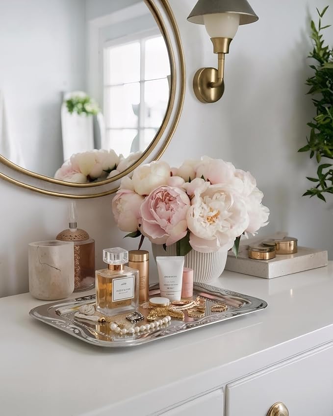 4-Pack Small Silver Serving Trays Set - ZENOVLUX Lightweight Bow Floral Engraved Mirror Decorative Tray, 11.4" x 7" Party Platters for Easter, Food, Appetizer, Charcuterie, Cookies, Desserts