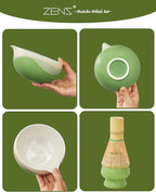 ZENS Matcha Whisk Set, 6pcs Matcha Kit Set, Matcha Bowl with Spout, Handcrafted Bamboo Whisk & Scoop, Chasen Holder, 304 Sifter & Tea Mat, Ideal Gift for Matcha Lovers, Birthday-Green