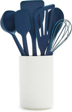 GreenPan Silicone 6 Piece Cooking Utensil Set & Holder, Spoon, Spatulas, Whisk, Ladle, Flexible Nonstick Kitchen Tools, Steel Core Heat-Resistant Anti-Slip Handle BPA-Free Dishwasher Safe, Oxford Blue