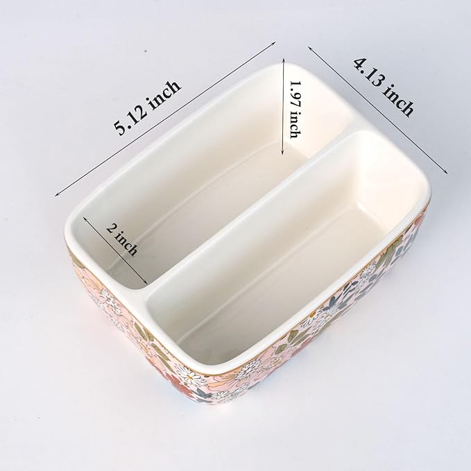 2 Compartments Ceramic Sponge Holder for Kitchen Sink, Cute Floral Countertop Dish Sponges Holder Soap Sink Organizer Farmhouse Caddy (Vintage Pink)