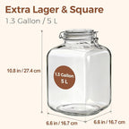 ComSaf 5L (1.3 Gal) Square Glass Rice Containers - Thick Food-Grade Glass Storage Jars with Airtight Hinged Lids & Reusable Labels - Perfect for Flour, Sugar, Pasta, Beans & Dry Goods, Set of 2