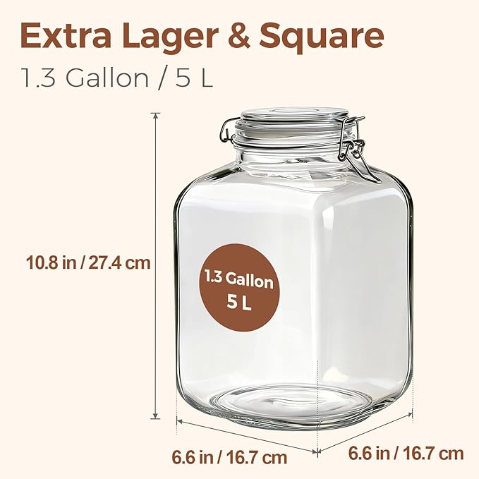 ComSaf 5L (1.3 Gal) Square Glass Rice Containers - Thick Food-Grade Glass Storage Jars with Airtight Hinged Lids & Reusable Labels - Perfect for Flour, Sugar, Pasta, Beans & Dry Goods, Set of 2
