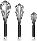 TEEVEA Silicone Whisk Set of 3 Non Scratch Non Stick Silicone Coated Stainless Steel Wire Whisks Heat Resistant 480°F Kitchen Wisk for Cooking Blending Whisking Tool Black