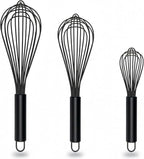 TEEVEA Silicone Whisk Set of 3 Non Scratch Non Stick Silicone Coated Stainless Steel Wire Whisks Heat Resistant 480°F Kitchen Wisk for Cooking Blending Whisking Tool Black