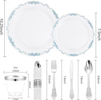 DaYammi 350Pcs Blue and White Plastic Plates Disposable Blue Plates for Party Include 50 Dinner plate,50 Dessert plate- 50 Per Rolled Napkins with Silver Cutlery- 50 Disposable Cups 9 OZ for Wedding