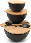 ECOWAY Salad Bowls Set of 3 with Seal Lid & Serving Utensils, Bamboo Fiber Mixing Bowls Set Large Serving Bowls & Storage Set with Bamboo Lid for Salad, Kitchen Eating, Pasta, Popcorn, Fruit, Black