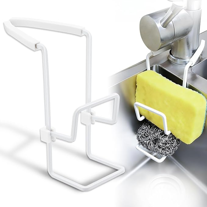 Sink Sponge Holder - Metal Kitchen Sink Faucet Organizer for Sponges, Brushes and Cleaning Tools, Faucet Sponge Holder Hanging Fix Around Faucet (White)