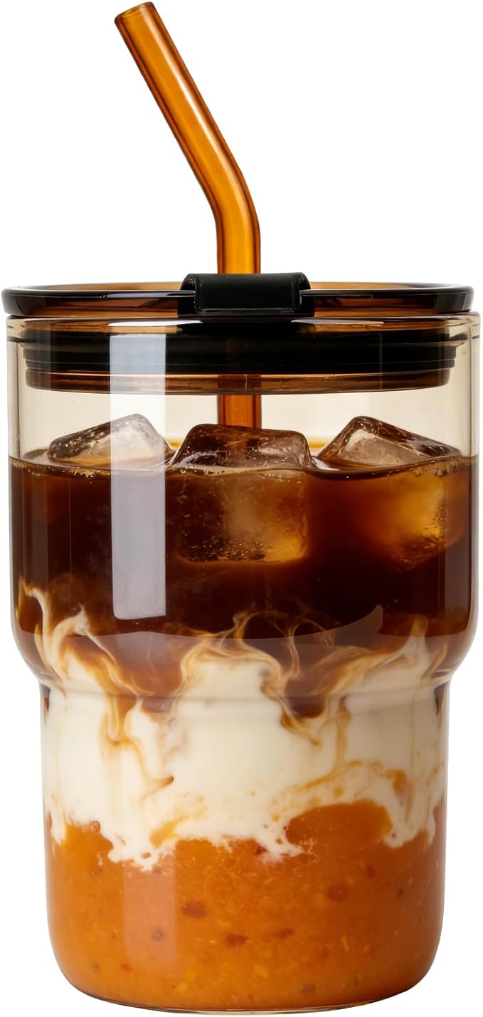 Luxfuel 16 oz Glass Tumbler with Lid & Straw, Reusable Iced Coffee Cup & Smoothie Cup, Leak-Proof Borosilicate Glass for Coffee, Iced Tea, Water – 1 Pack, Ideal for Office, Home & Travel, Amber