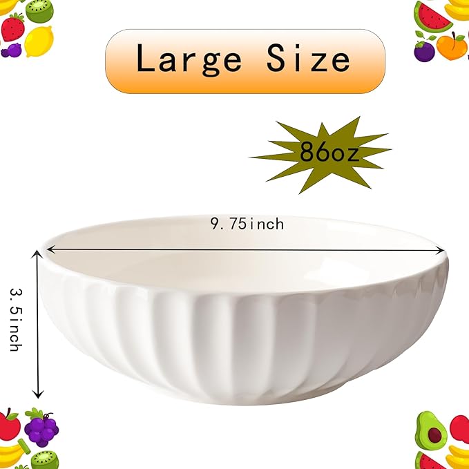 Large Ceramic Fruit Bowl for Kitchen Counter, 10-Inch White Fruit and Vegetable Bowl, Decorative Serving Bowl for Home