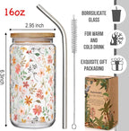 Floral Iced Glass Cups with Bamboo Lids and Straws 16oz Wildflower Coffee Cup Gift for Women Cute Flower Drinking Glass with Cleaning Brushes, Flower Gifts for Mother 's Day Birthday Bridesmaid Party