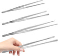 12 Inch & 10 Inch Fine Long Tweezers Tongs Stainless Steel, Silver Professional Kitchen Tweezers Tongs for Cooking, BBQ, Plating, Repairing (Pack of 4)