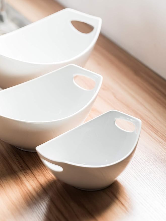 LAUCHUH Serving Bowls with Handles, Porcelain Serving Dishes White Nesting Bowls Mixing Bowl Set Salad Bowls for Easter, Entertaining, Party, Mother's Day, Baby Shower, Set of 3, 15/28/49 oz