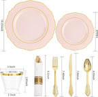 Liacere 350PCS Pink Plates Disposable-PinK Plates 50guest Baroque Plastic Dinnerware include 100Plates, 50Pack Pre Rolled Napkins with Silverware 50Cups Perfect for Wedding ＆ Party & Mothers Day