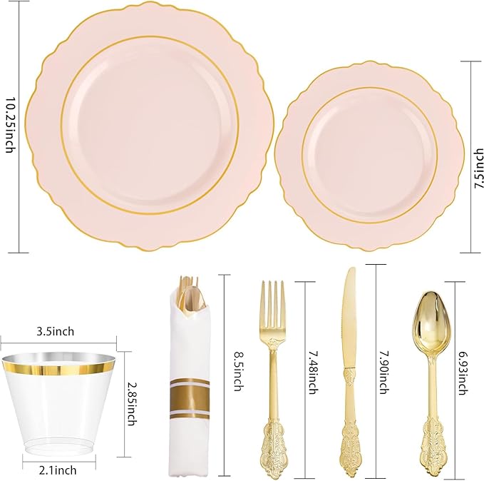 Liacere 350PCS Pink Plates Disposable-PinK Plates 50guest Baroque Plastic Dinnerware include 100Plates, 50Pack Pre Rolled Napkins with Silverware 50Cups Perfect for Wedding ＆ Party & Mothers Day