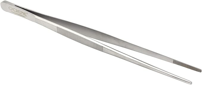 O'Creme Stainless Steel Precision Kitchen Tweezer Tongs with Serrated Tips for Gripping (10", Silver)