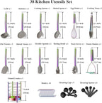38 Piece Silicone kitchen Cooking Utensils Set with Utensil Crocks, Silicone Head and Stainless Steel Handle Cookware, Kitchen Tools for Utensil Set, Non-Stick kitchen Gadgets,Dishwasher Safe(Rainbow)
