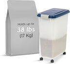 IRIS USA Airtight Dog Food Storage Container, Up to 38 lbs, Attachable Wheels, For Dog Cat Bird and Other Pet Food Storage Bin, Keep Fresh, Easy Mobility, BPA Free, Navy/Pearl