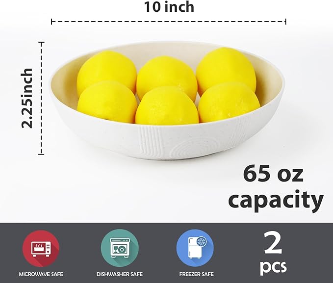 Wrova Salad Bowls 10inch Serving Bowls 65oz Large Salad Bowls Wheat Straw Bowls Set of 2 Wide and Shallow Plastic Salad Bowl for Kitchen Microwave & Dishwasher Safe.White