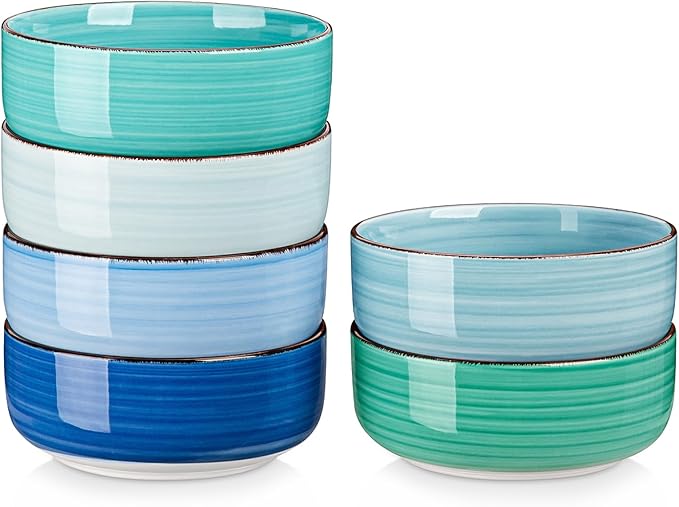 vancasso Bonita Cereal Bowl Set of 6, 24 Oz Ceramic Bowls for Kitchen, Dishwasher & Microwave Safe Bowls for Soup, Cereal, Dessert, Fruit, Blue Colored Bowl Set