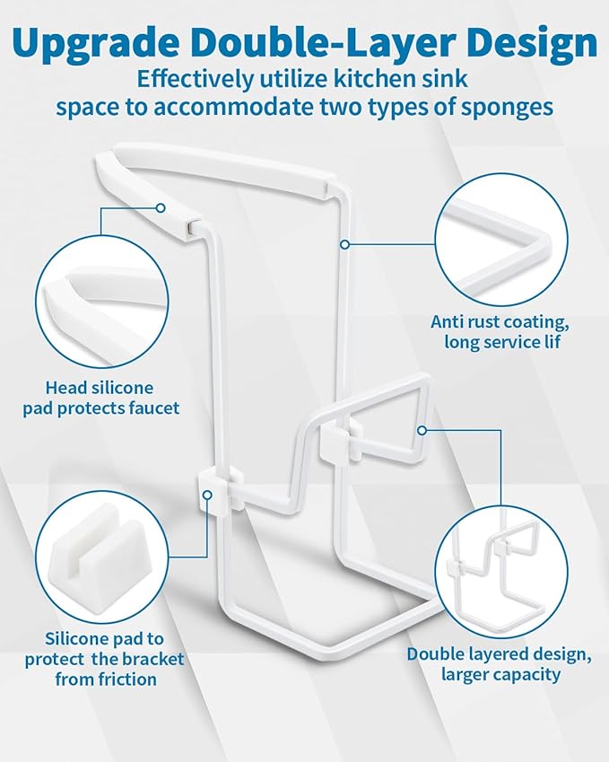 Sink Sponge Holder - Metal Kitchen Sink Faucet Organizer for Sponges, Brushes and Cleaning Tools, Faucet Sponge Holder Hanging Fix Around Faucet (White)