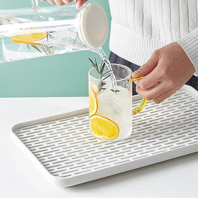 Small Drain Rack for Kitchen Sink, 2 Tier Cup & Dish Drying Rack for Office, Coffee Table, Multi-Use Tray for Serving, White & Grey Dish Drying Mat Big Enough